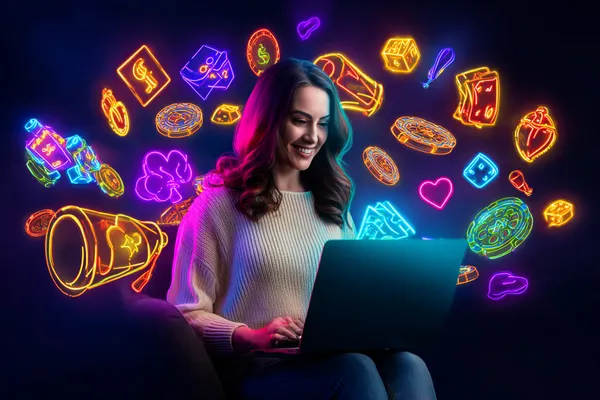 Một cô gái trong bộ váy xanh sang trọng đứng cạnh vòng roulette, gợi lên bầu không khí casino cao cấp của FLY68.
